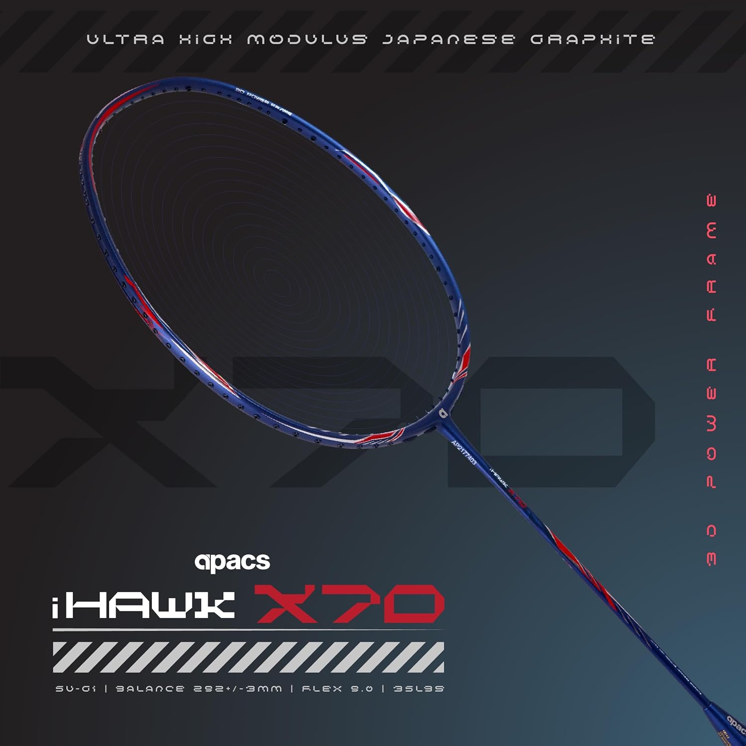 Apacs iHawk X70 (Unstrung) Full Graphite Ultra Strong Carbon Fibre (82-84g) | 35 LBS Max Tension | 3D Power Frame | Made in Vietnam Badminton Racket w