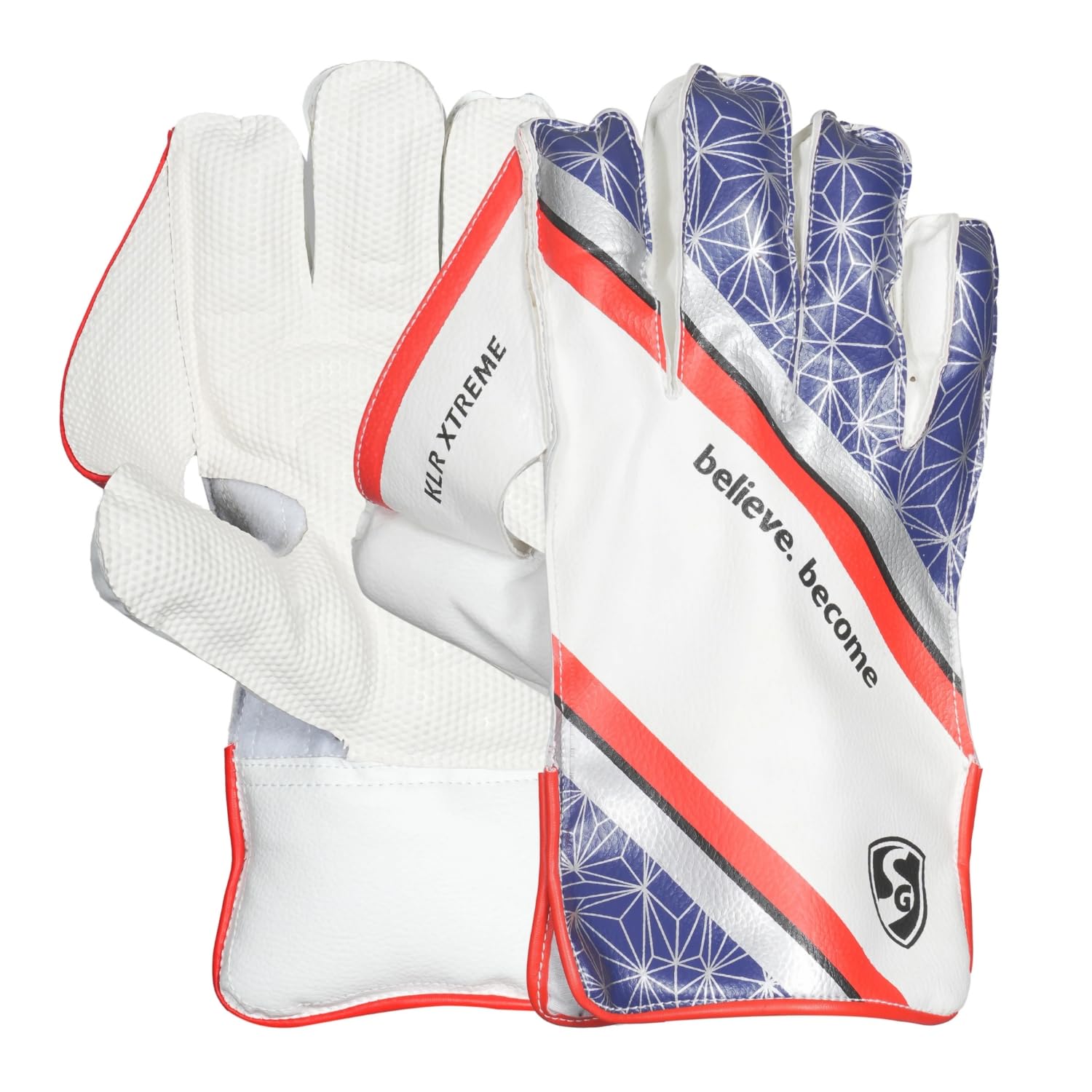 SG KLR Xtreme Wicket Keeping Gloves, Professional Cricket Leather Gloves, White and Blue with Red Trim