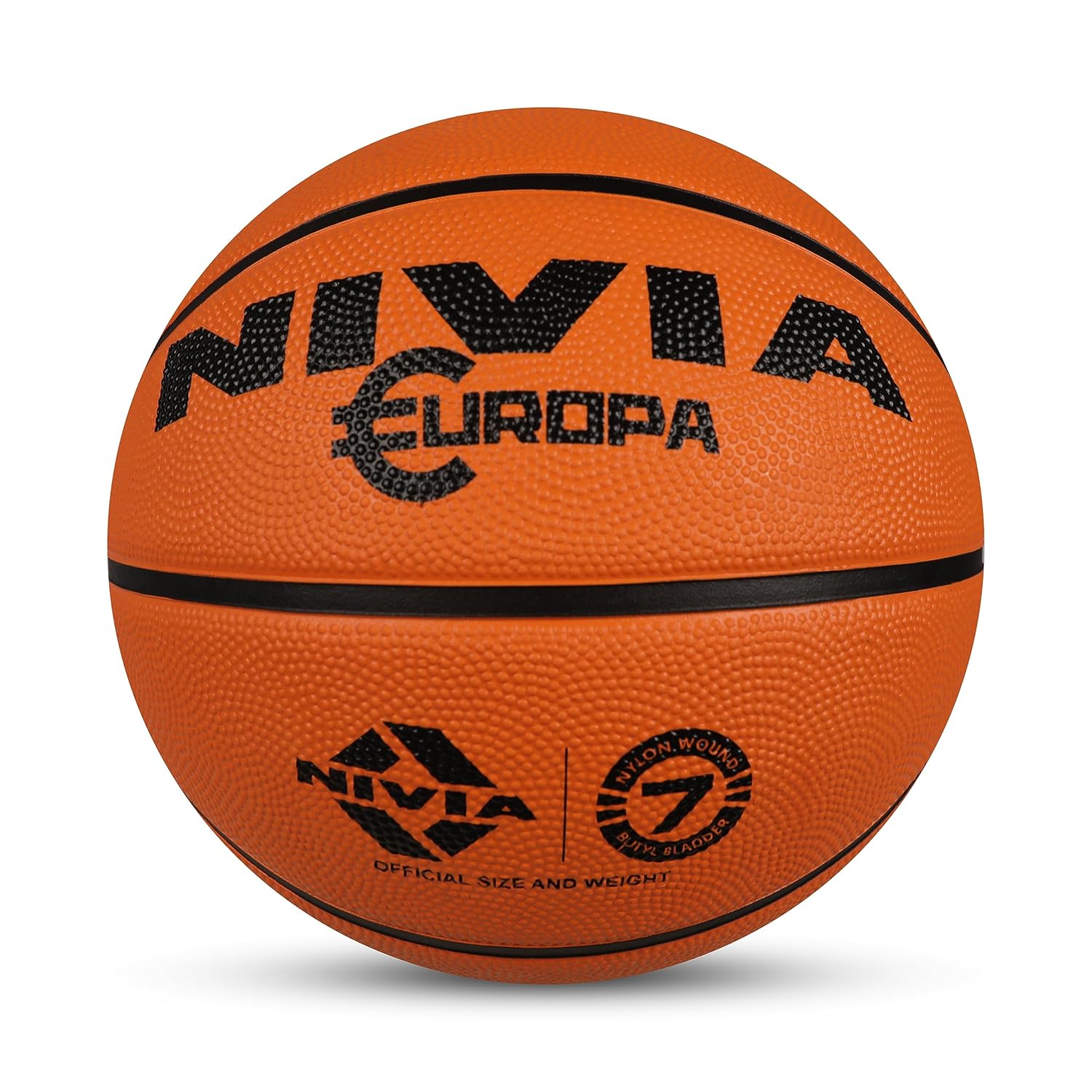 NIVIA Europa Basketball, As per Basic Standard, 8 Panels, Molded Durable Rubber Cover with Pebbled Texture, Butyl Threadwounded Bladder, to Play on Al