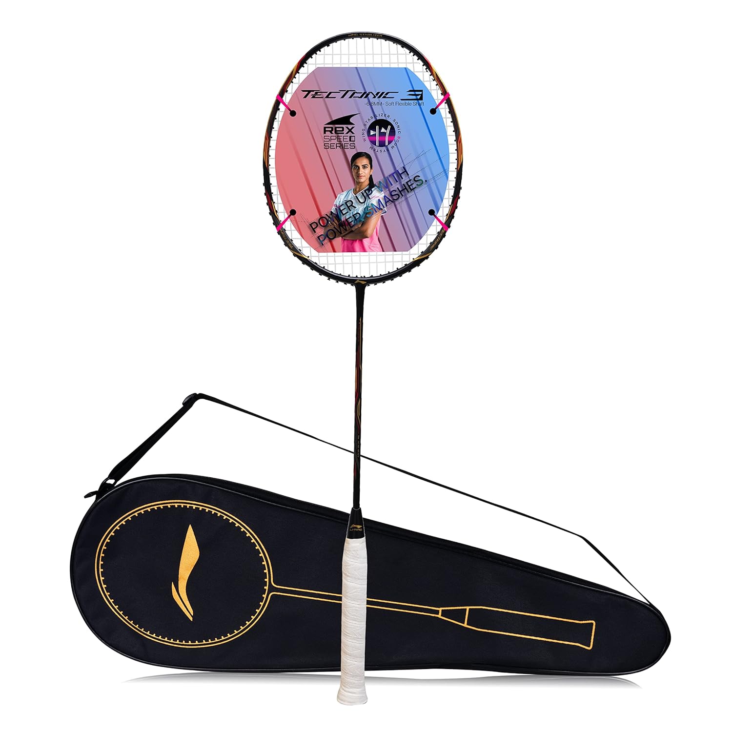Li-Ning Tectonic 3R Strung Carbon Fibre Badminton Racket (Black/Gold/Red) with Free Full Cover