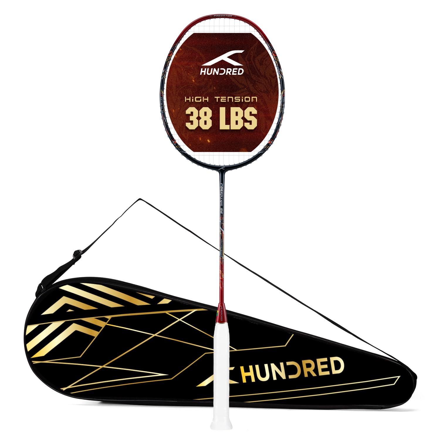 Hundred Predator 82 Extra Strong Japan Made Graphite Strung Badminton Racket with Full Racket Cover | 82 Grams (4U) | Maximum Tension : ?38Lbs (Black)
