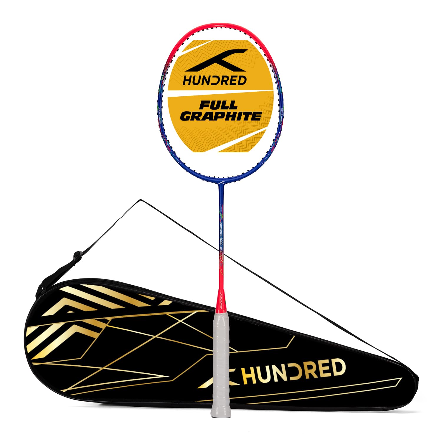 Hundred Powertek 1000 Jr Graphite Badminton Racket with Full Cover (90G, Black/Orange Red)