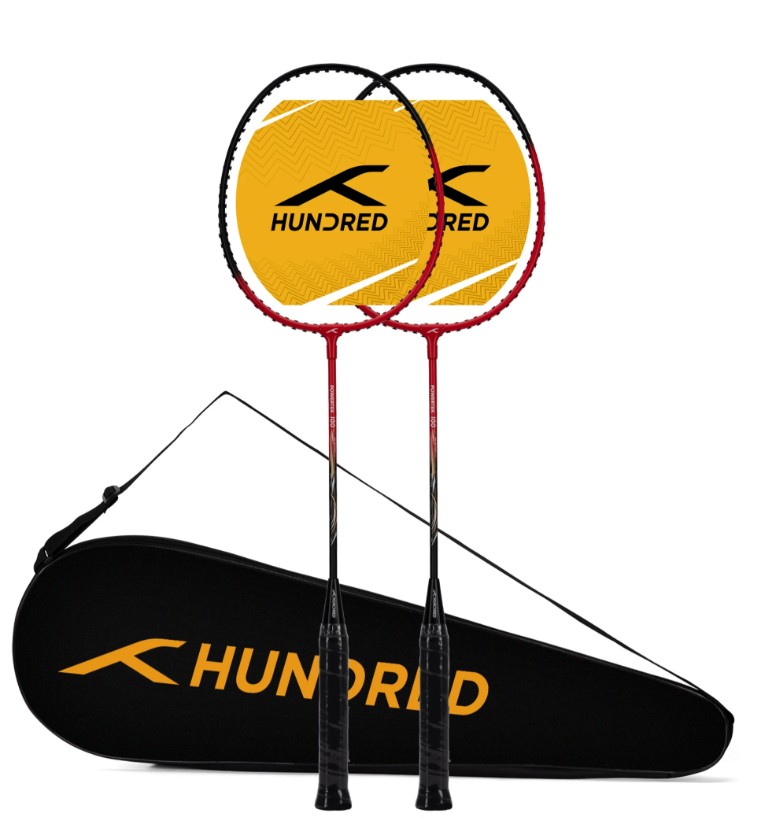Hundred Aluminium Powertek 100 (Set of 2) Badminton Racket with Full Cover (115G, Red/Black)